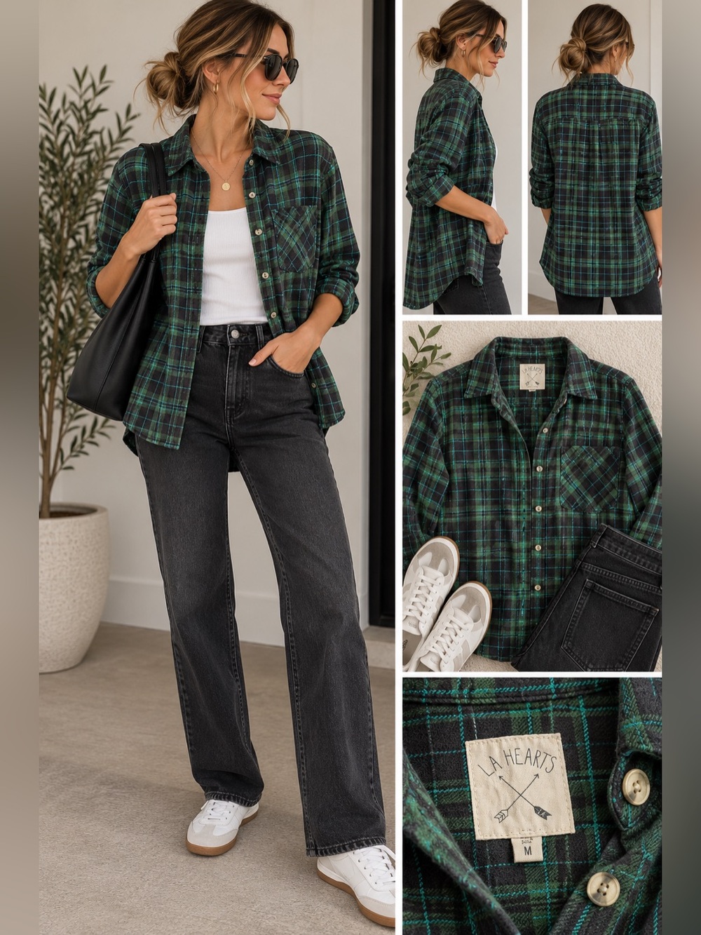 La Hearts Green and Black Plaid Button-Down Shirt